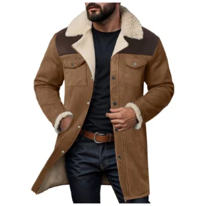 Men's Suede Color Block Jacket with Plush Lapel Multi-Pocket Design
