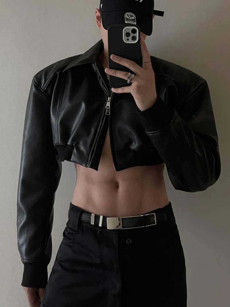 Men's Classic Cropped PU Leather Jacket with Zipper Front - Image 4