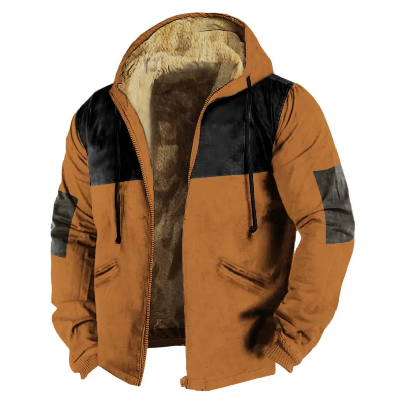Men's Fleece-Lined Winter Hooded Jacket with Zip Closure and Color Block Design - Image 8