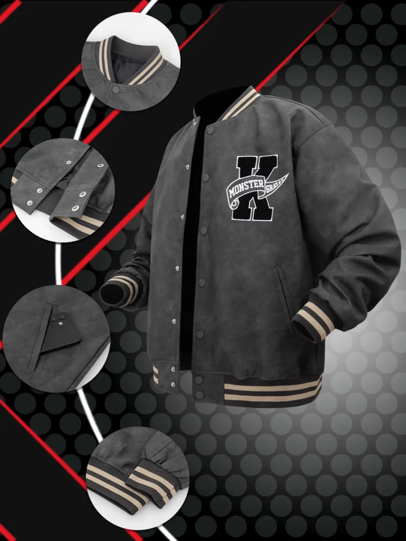 Men's Leather Varsity Bomber Jacket with Embroidered Letters - Image 3