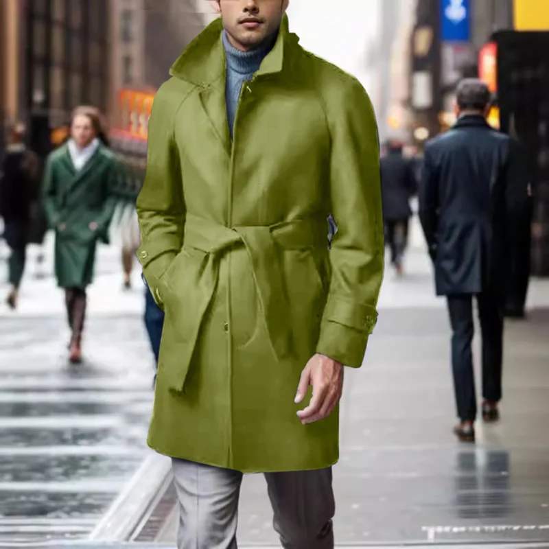 Classic Wool Blend Belted Mid-Length Trench Coat for Men - Image 2