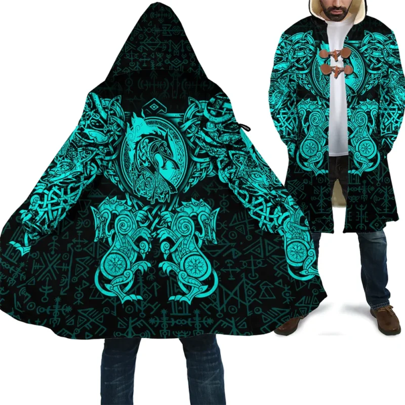 Men's Gothic Hooded Cloak with Medieval Tattoo Print Fleece Overcoat - Image 18