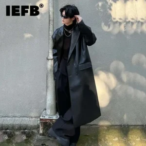 Premium Leather Double Breasted Long Trench Coat for Men