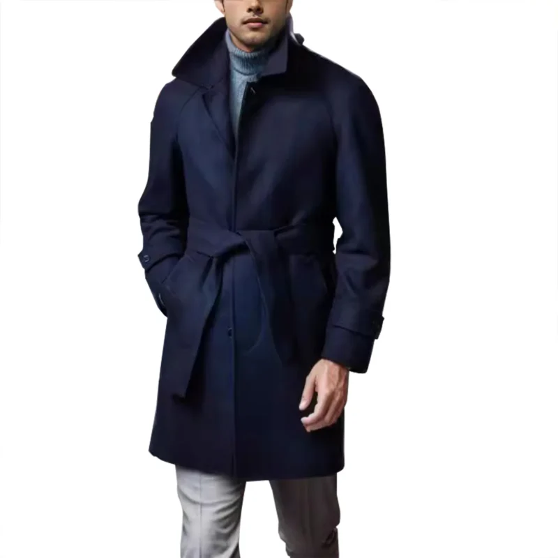 Classic Wool Blend Belted Mid-Length Trench Coat for Men - Image 7