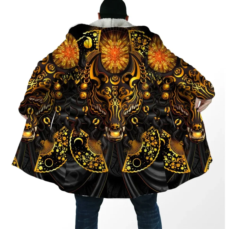 Japanese Fox Print Fleece Hooded Cloak Cape Coat for Men and Women