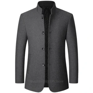 Classic Wool Mid-Length Overcoat with Turn-down Collar for Men