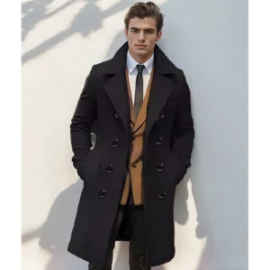 Classic Double Breasted Mid-Length Wool Blend Overcoat for Men