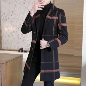 Classic Korean Style Mid-Length Wool Blend Coat for Men