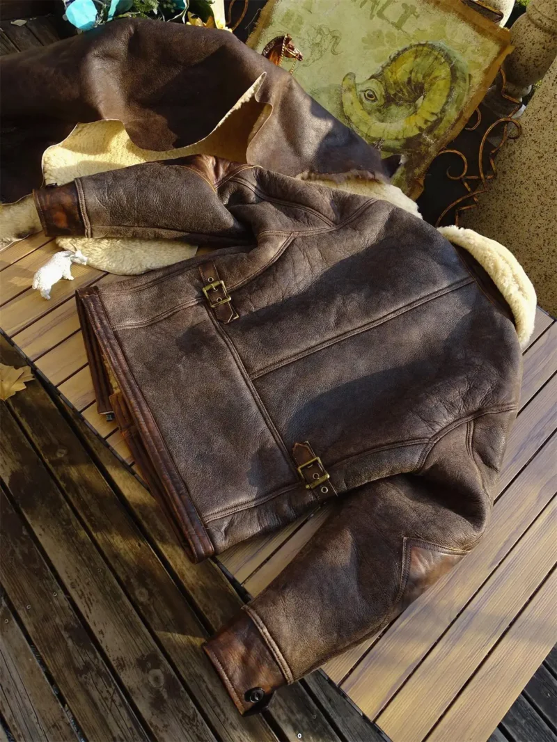 Premium Shearling Leather Aviator Jacket with Classic Pilot Design for Men - Image 3