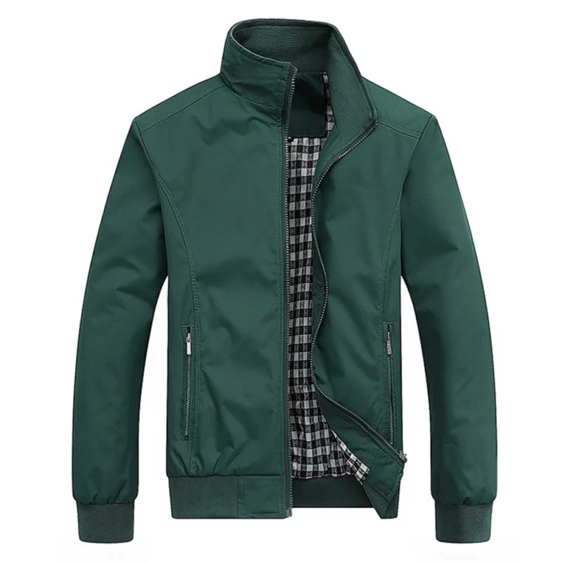 Men's Casual Bomber Jacket with Stand Collar - Solid Color Zip-Up - Image 6