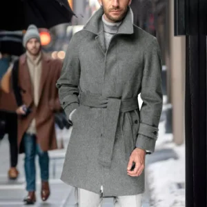 Classic Wool Blend Belted Mid-Length Trench Coat for Men