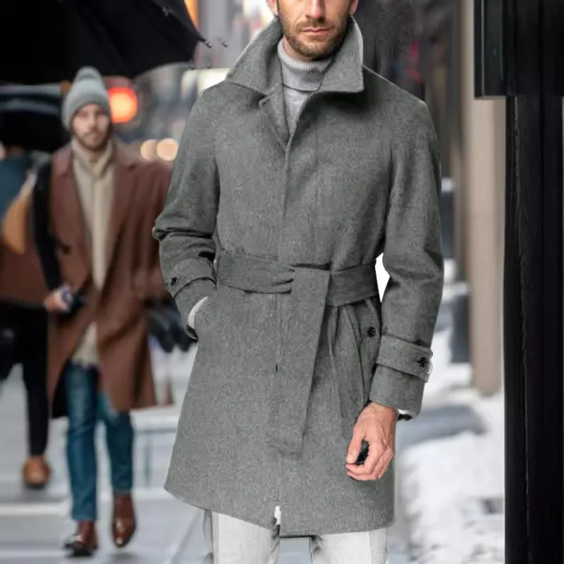 Classic Wool Blend Belted Mid-Length Trench Coat for Men