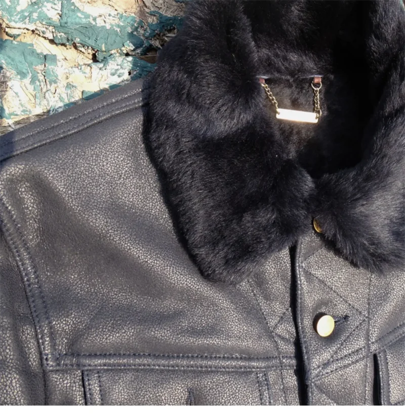 Classic Sheepskin Leather Flight Jacket with Turn-down Collar for Men - Image 4