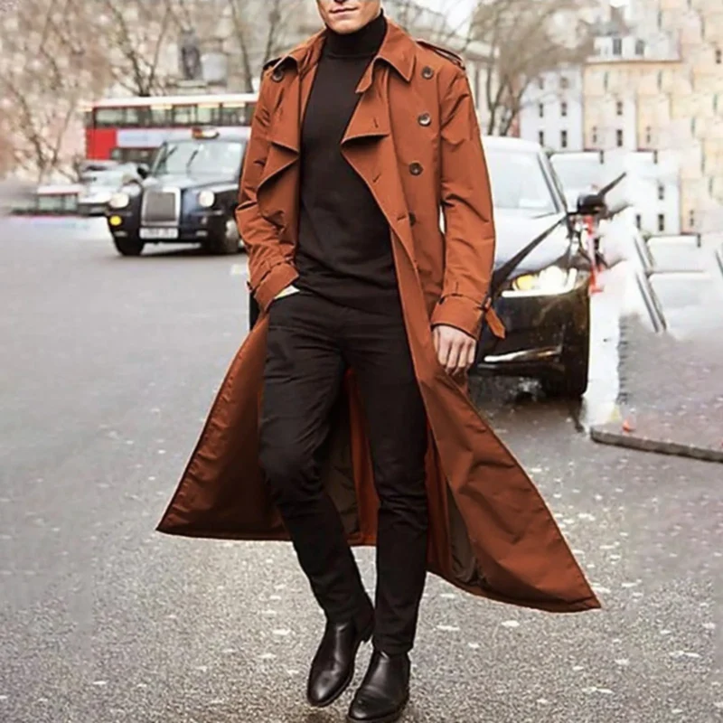 Classic Men's Double Breasted Trench Coat Extra Long Spring Autumn Windbreaker - Image 9