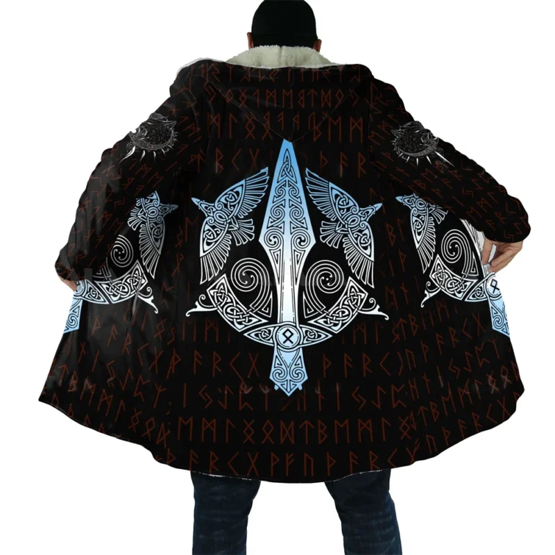 Men's Gothic Hooded Cloak with Medieval Tattoo Print Fleece Overcoat - Image 16