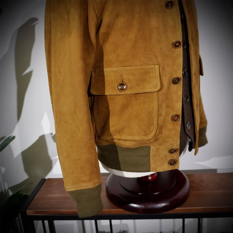 Men's Vintage A1 Flight Suede Leather Jacket Slim Fit Stand Collar - Image 3