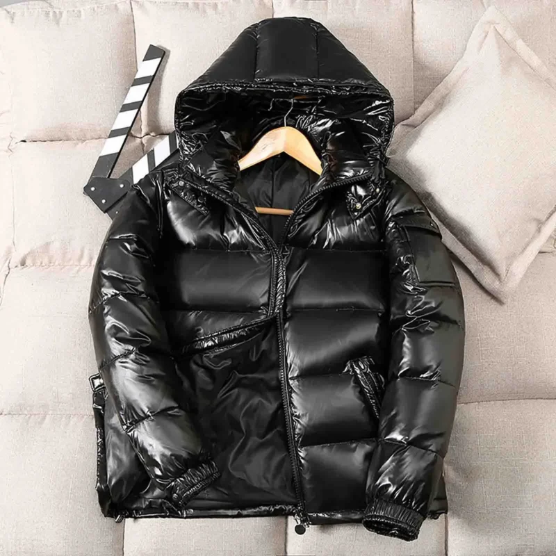 Men's Metallic Puffer Jacket with Detachable Hood - Image 2