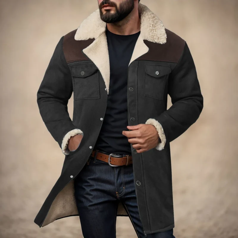 Men's Suede Color Block Jacket with Plush Lapel Multi-Pocket Design - Image 10