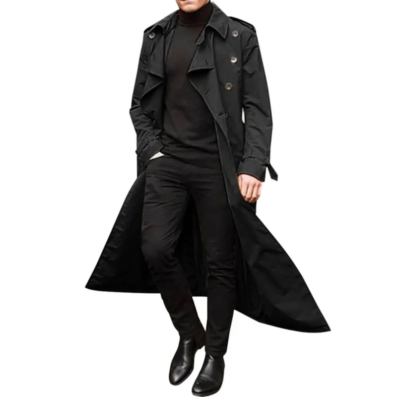Classic Men's Double Breasted Trench Coat Extra Long Spring Autumn Windbreaker - Image 3
