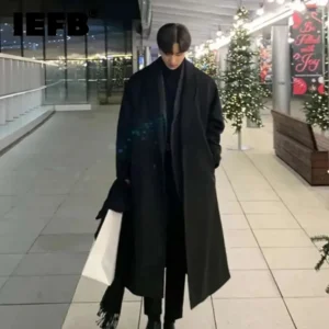 Classic Herringbone Men's Single-Breasted Wool Overcoat Long Length