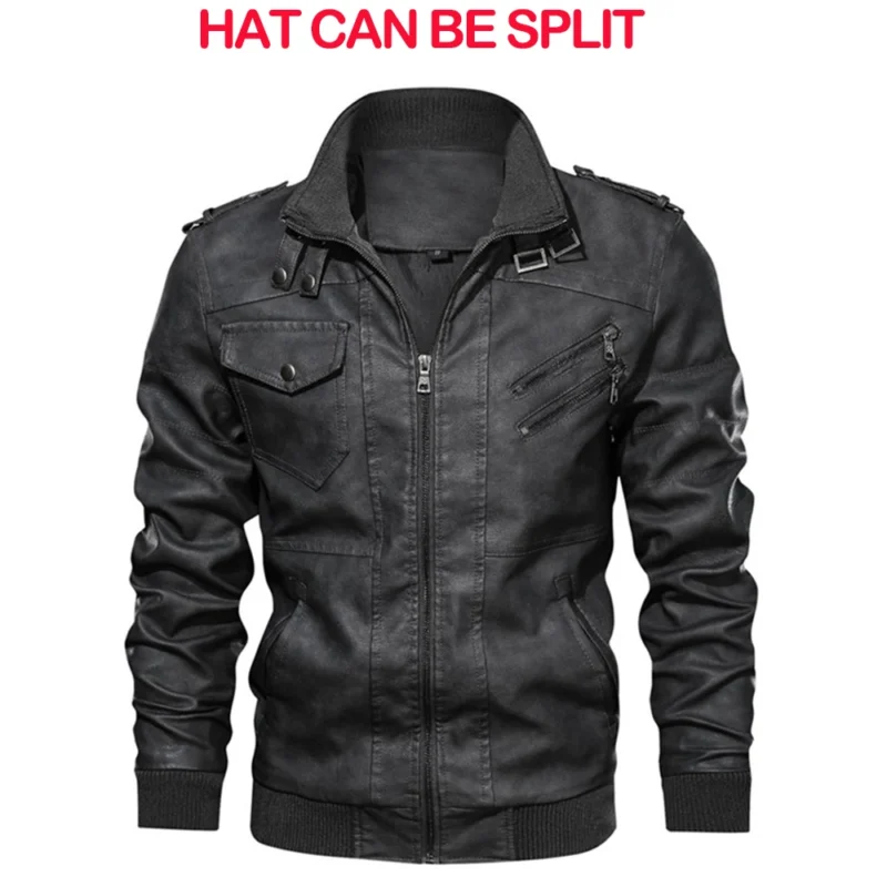 Men's Premium PU Leather Motorcycle Jacket with Detachable Hood - Image 2