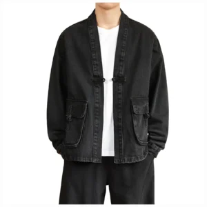 Men's Vintage Denim Jacket with Detachable Hood and Zipper Closure