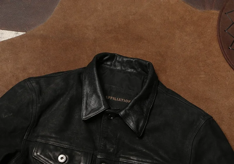 Premium Oil Cashmere Sheepskin Leather Jacket with Turn-down Collar for Men - Image 3