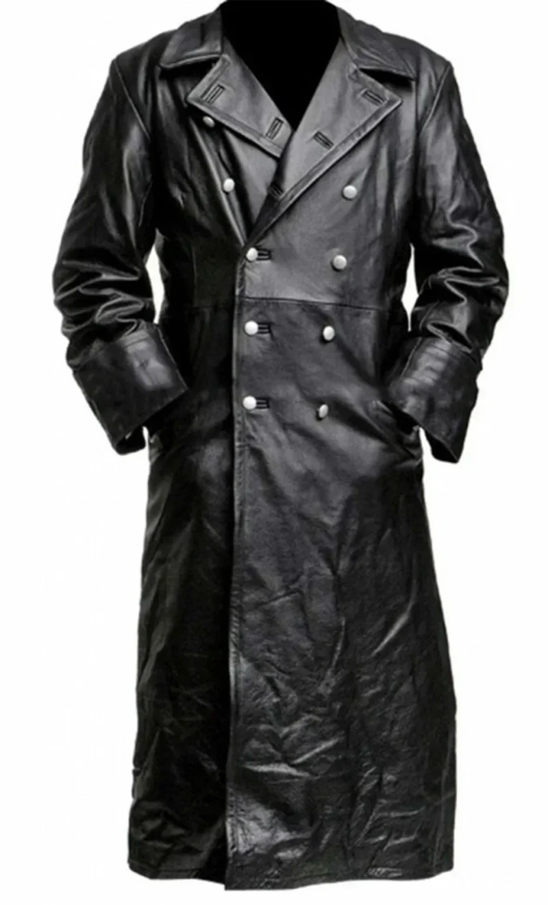 Classic Military Officer Leather Trench Coat in Black for Men - Image 2