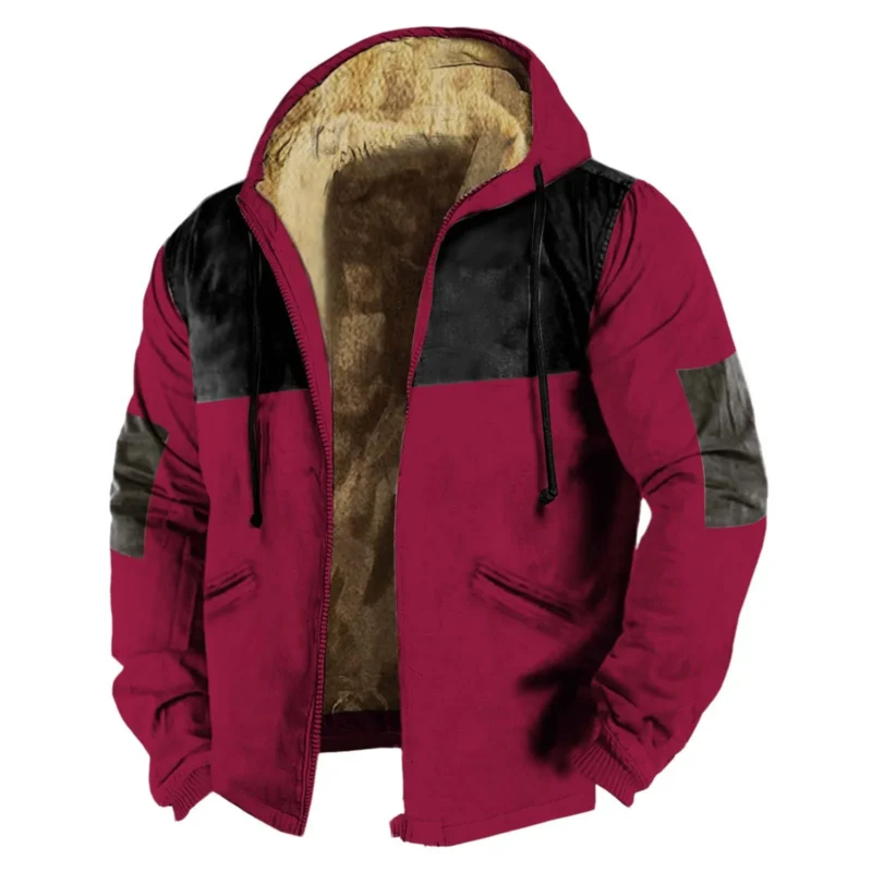 Men's Fleece-Lined Winter Hooded Jacket with Zip Closure and Color Block Design - Image 5