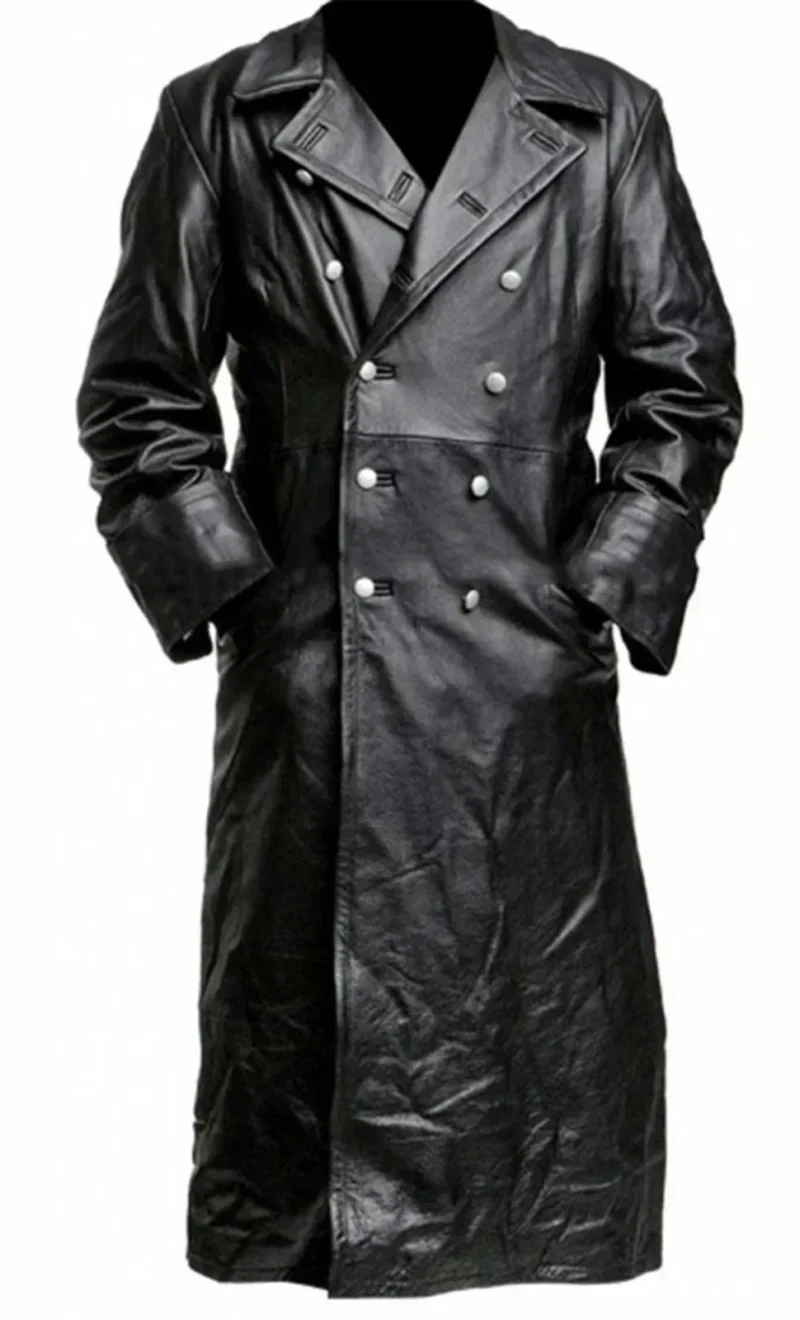 Classic Military Officer Leather Trench Coat in Black for Men - Image 6