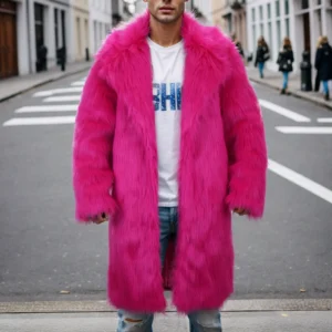 Men's Pink Leopard Print Wool Blend Winter Coat with Detachable Hood