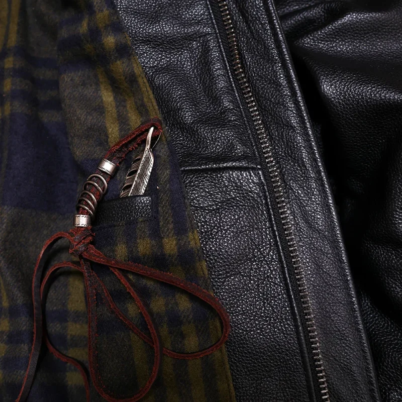 Men's Vintage Style Cowhide Leather Jacket with Turn-down Collar - Image 5
