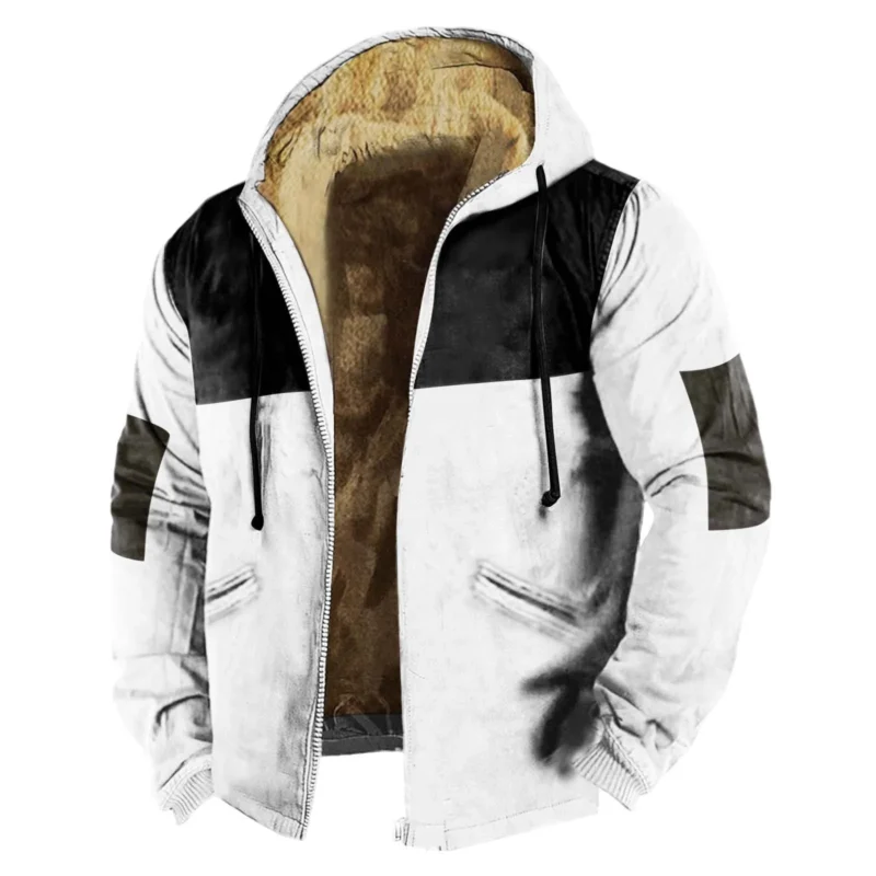 Men's Fleece-Lined Winter Hooded Jacket with Zip Closure and Color Block Design - Image 4
