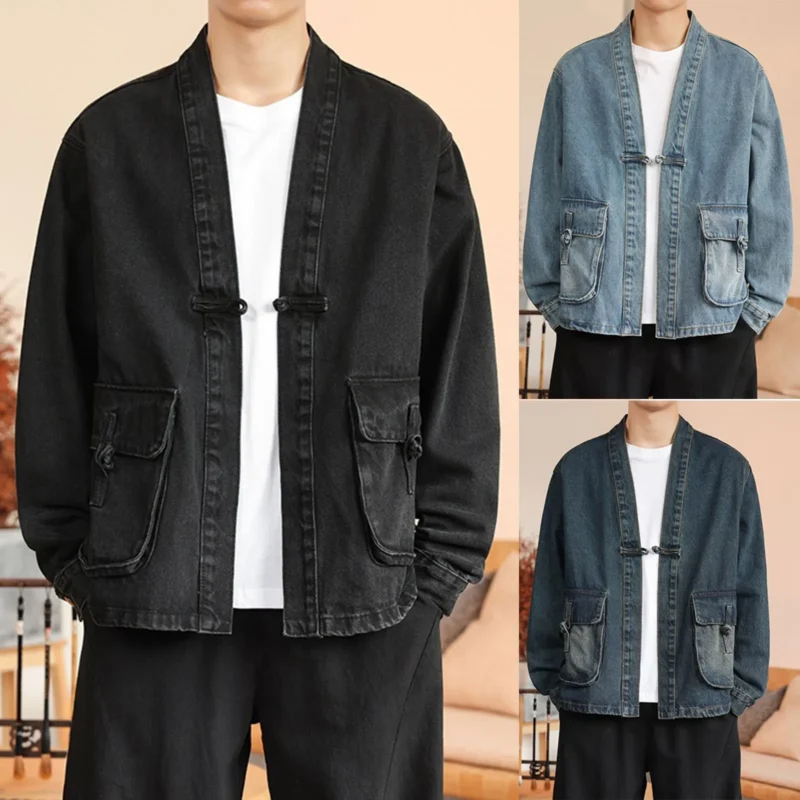 Men's Vintage Denim Jacket with Detachable Hood and Zipper Closure - Image 2