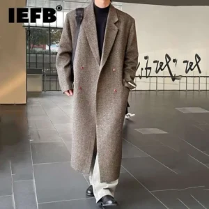 Classic Herringbone Wool Double-Breasted Long Overcoat for Men