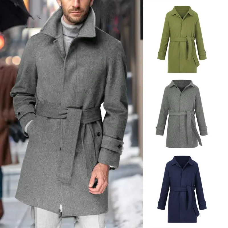 Classic Wool Blend Belted Mid-Length Trench Coat for Men - Image 4
