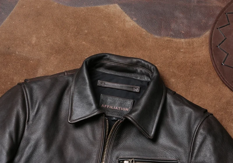 Men's Vintage Brushed Cowhide Leather Biker Jacket with Zip Closure - Image 3