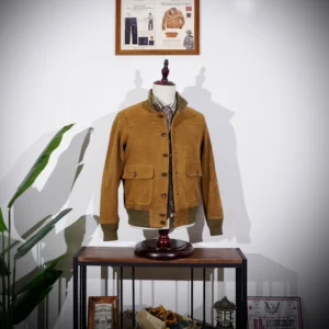 Men's Vintage A1 Flight Suede Leather Jacket Slim Fit Stand Collar