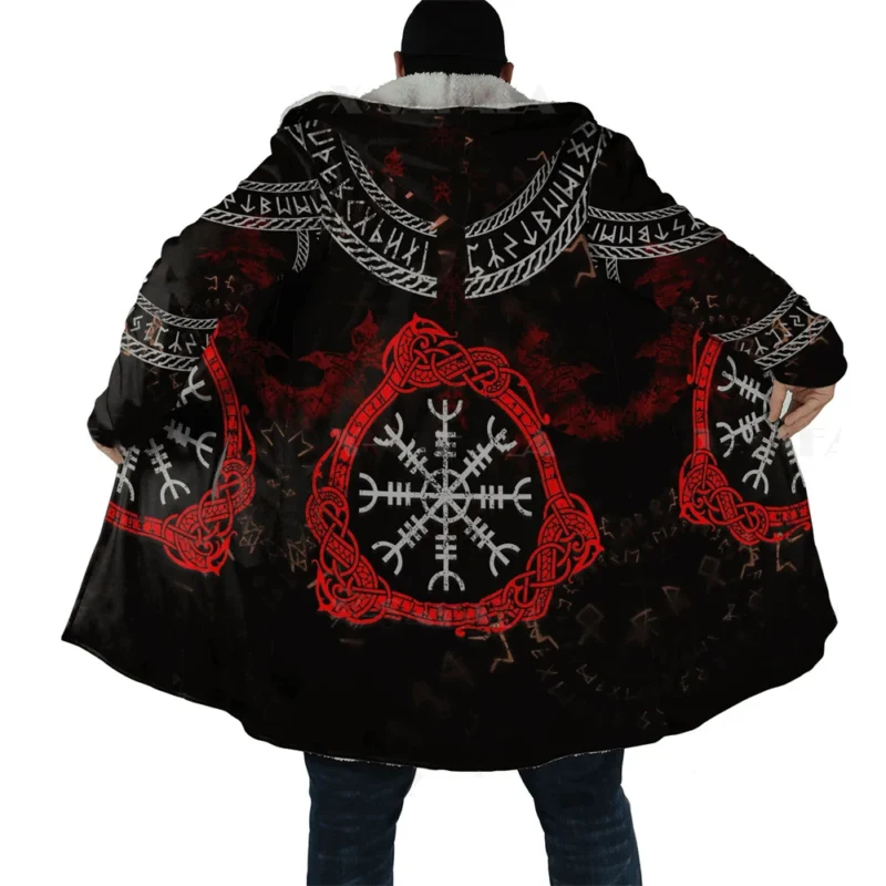 Men's Gothic Hooded Cloak with Medieval Tattoo Print Fleece Overcoat - Image 12