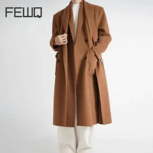 Men's Double Breasted Wool Blend Overcoat with Faux Two-Piece Design