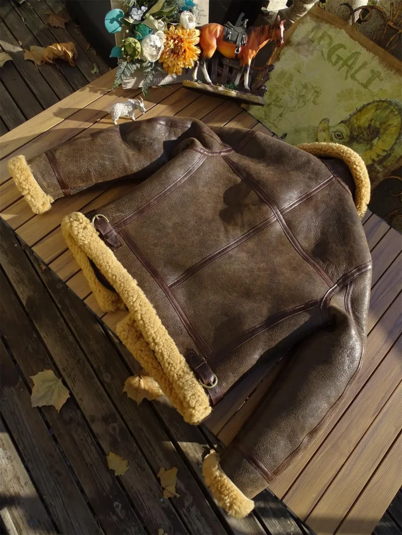 Men's Classic B6 Aviator Shearling Leather Jacket - Winter Flight Coat - Image 3
