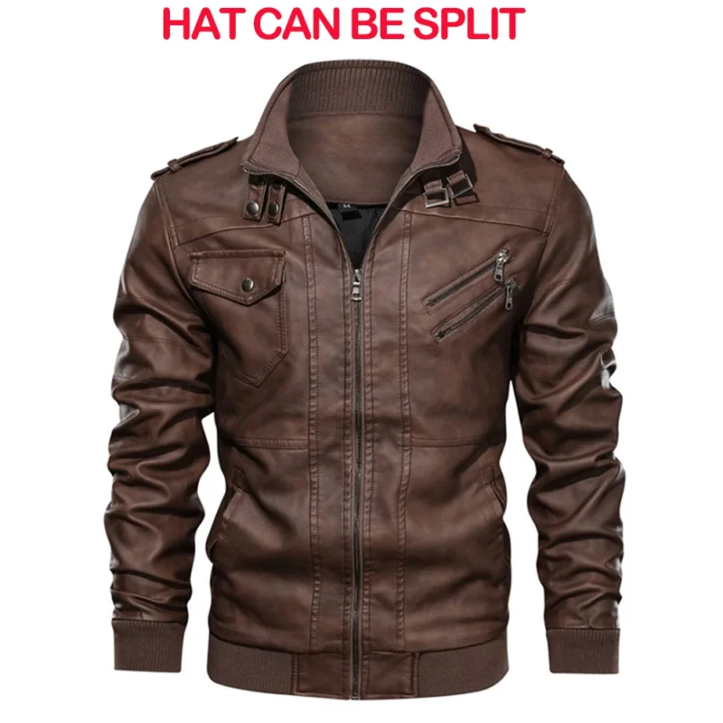 Men's Premium PU Leather Motorcycle Jacket with Detachable Hood - Image 4