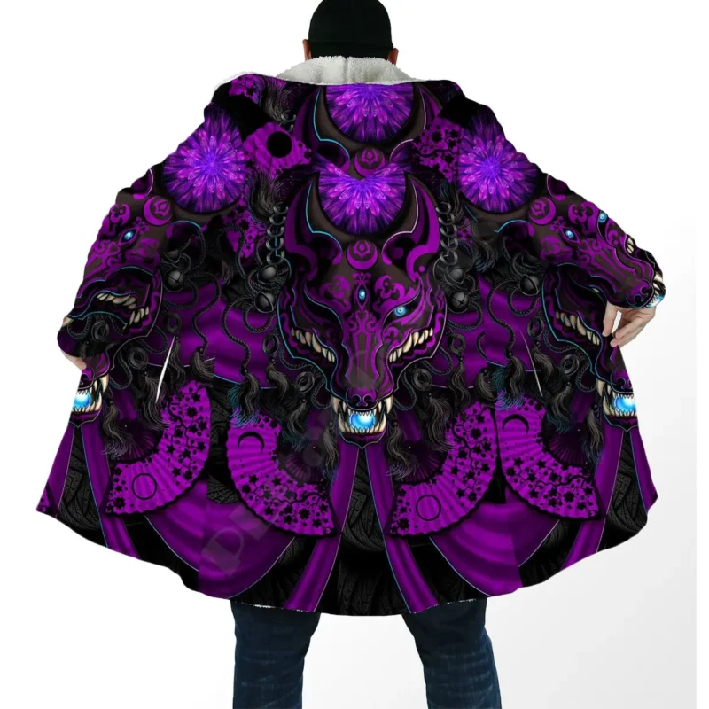 Japanese Fox Print Fleece Hooded Cloak Cape Coat for Men and Women - Image 2