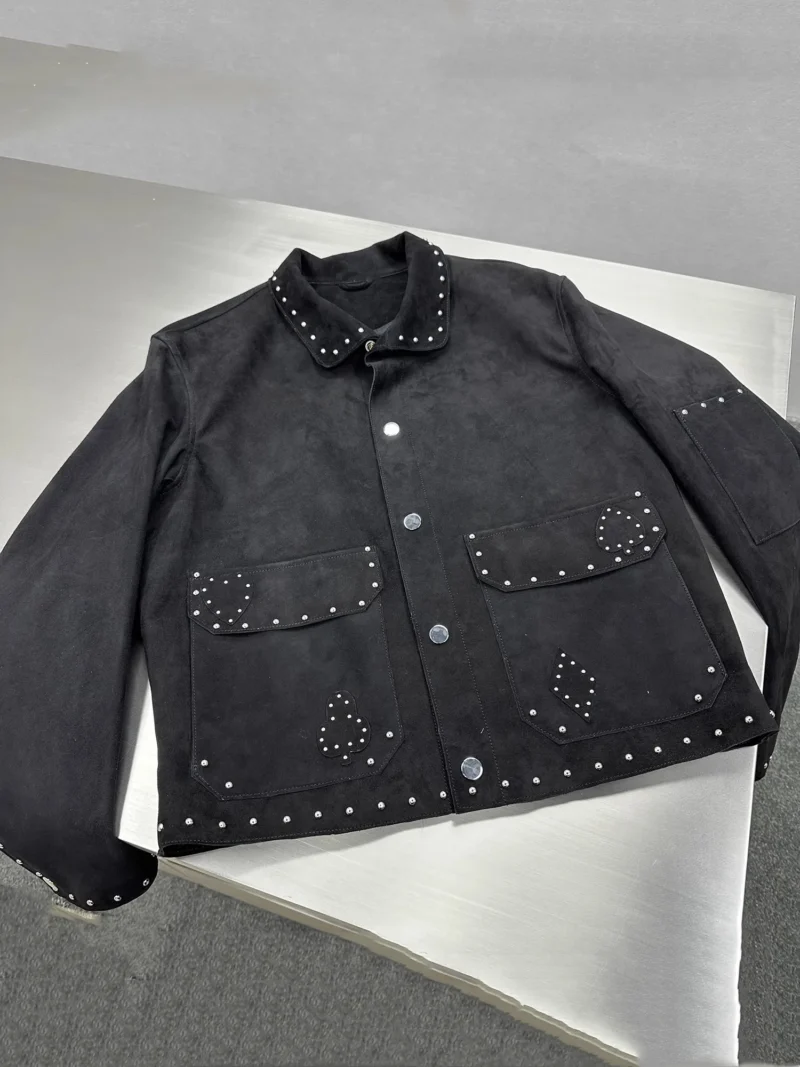 Premium Suede Leather Jacket with Stand Collar and Rivet Details for Men - Image 4
