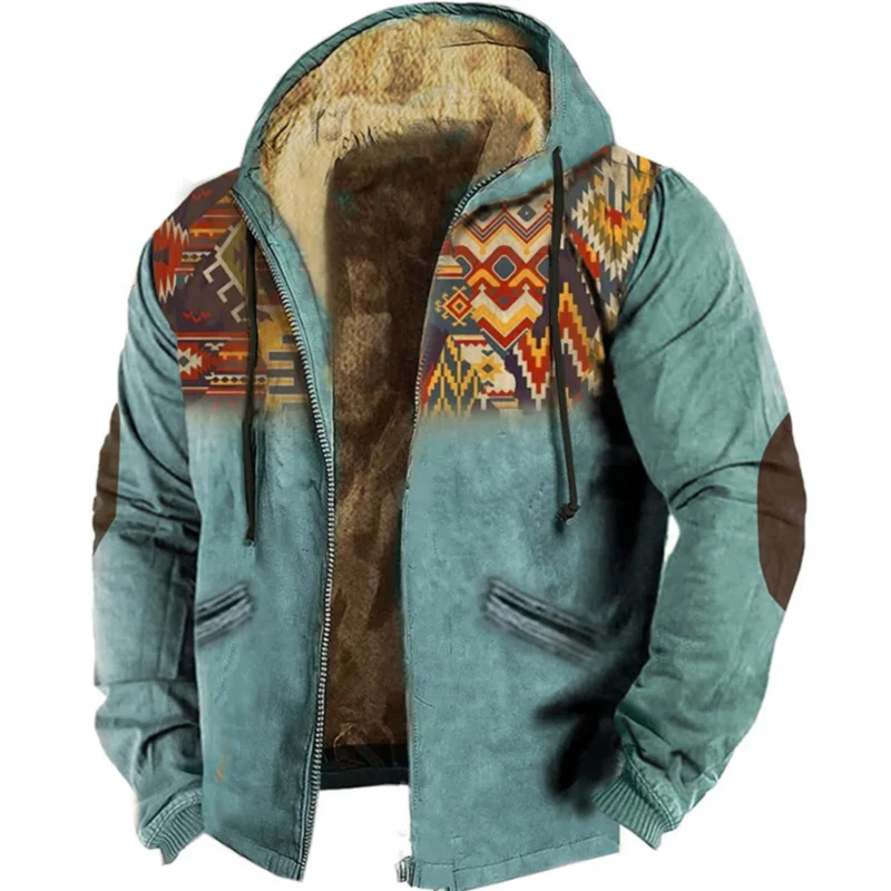 Men's Vintage Fleece Lined Hooded Bomber Jacket with Retro Print - Image 3
