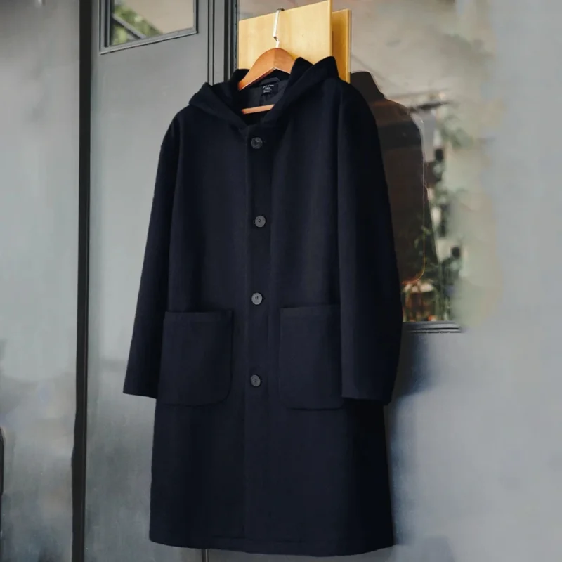 Men's Navy Blue Wool Hooded Overcoat with Single-Breasted Closure - Image 5
