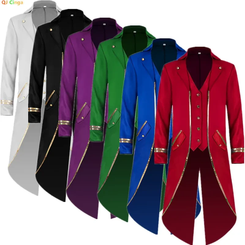 Medieval Gothic Mid-Length Trench Coat with Gold Embroidery for Men