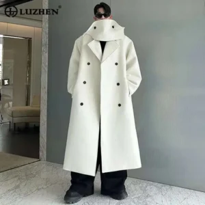 Premium Double Breasted Wool Overcoat with Detachable Scarf for Men