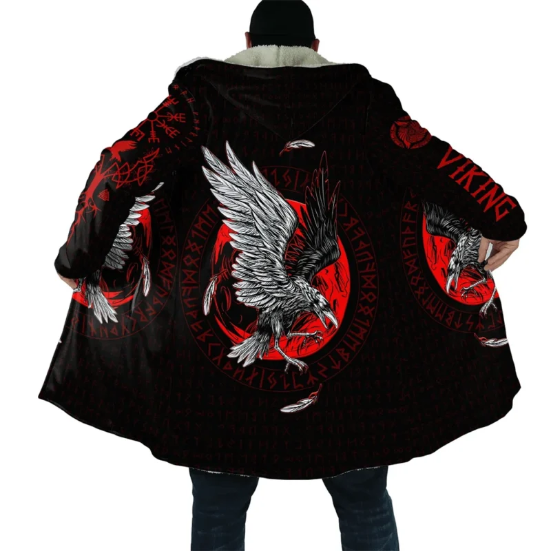 Men's Gothic Hooded Cloak with Medieval Tattoo Print Fleece Overcoat - Image 15