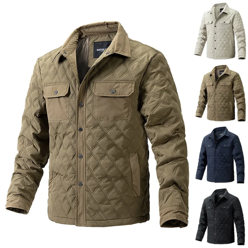 Men's Diamond Plaid Casual Jacket with Lapel Collar and Double Pockets - Image 5